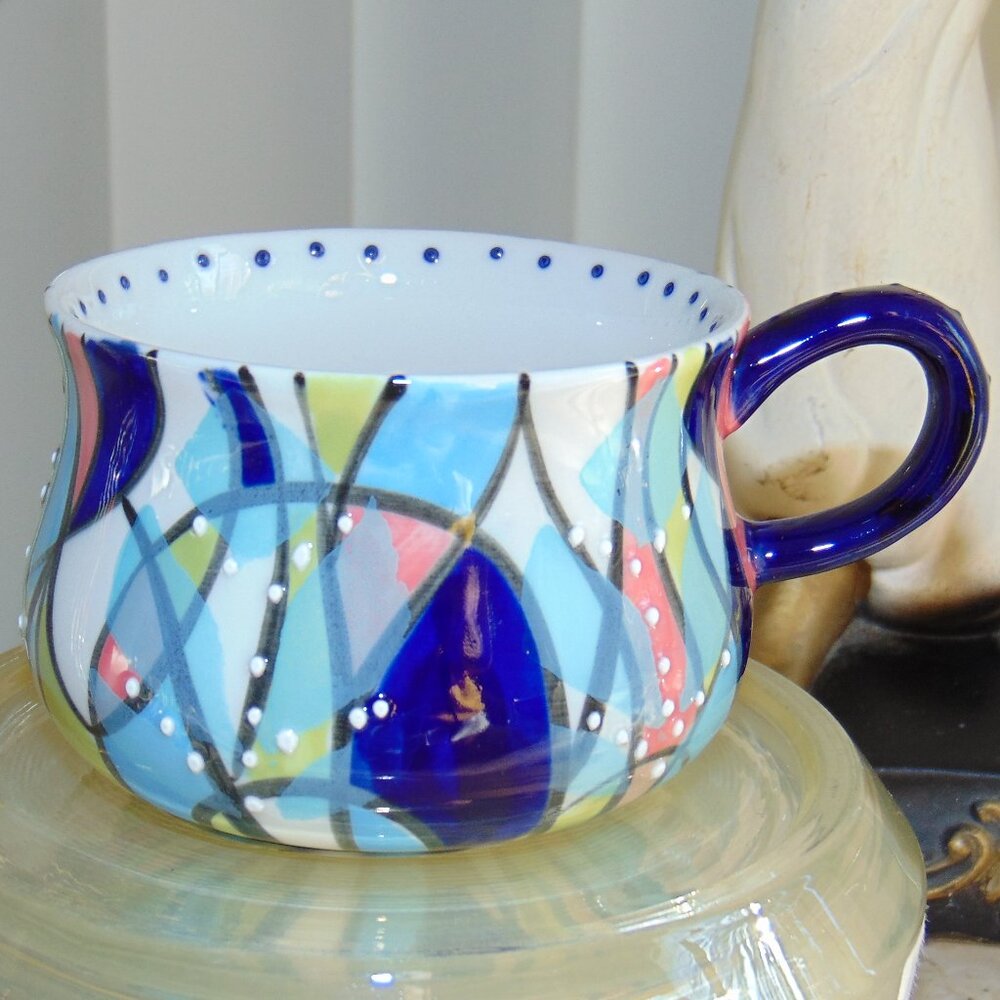 Anthropologie Kinetic Stencil Mug Boho Blue Raised Dot Abstract Handpainted Cup